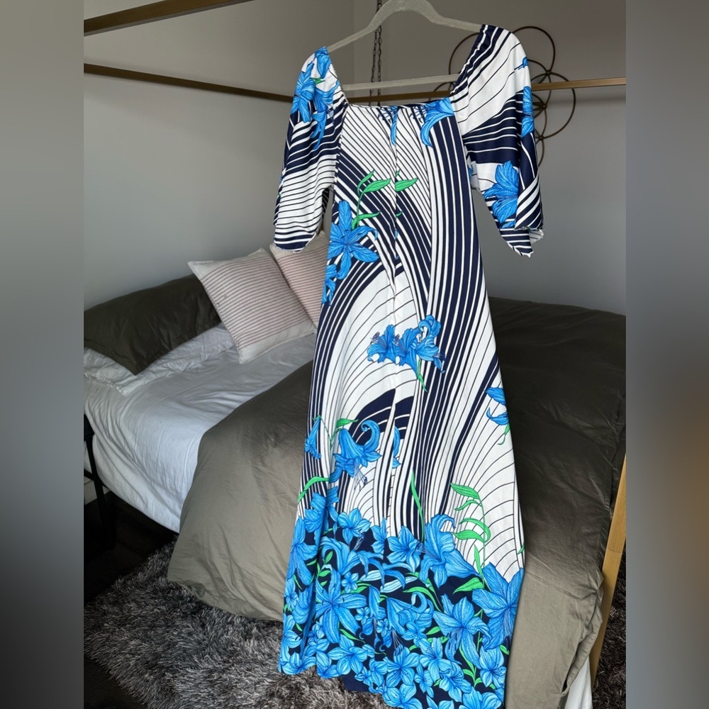 Vintage Hawaiian Togs Floral Maxi Dress Womens 16 Blue Cottagecore Y2K Vacation - Picture 2 of 6